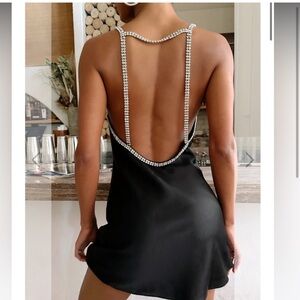Show Me Your Mumu Black Satin Dress with Rhinestone Straps
